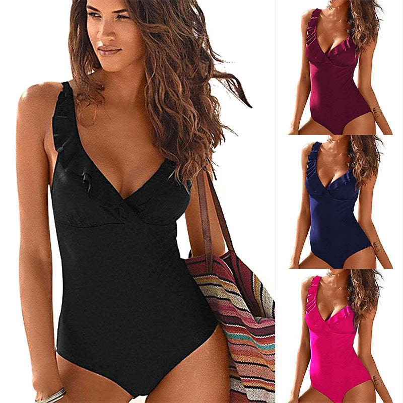 Swimsuit Sexy One-Piece V-neck Ruffled Swimsuit Amazon Hot Style Swimsuit Women Swimwear