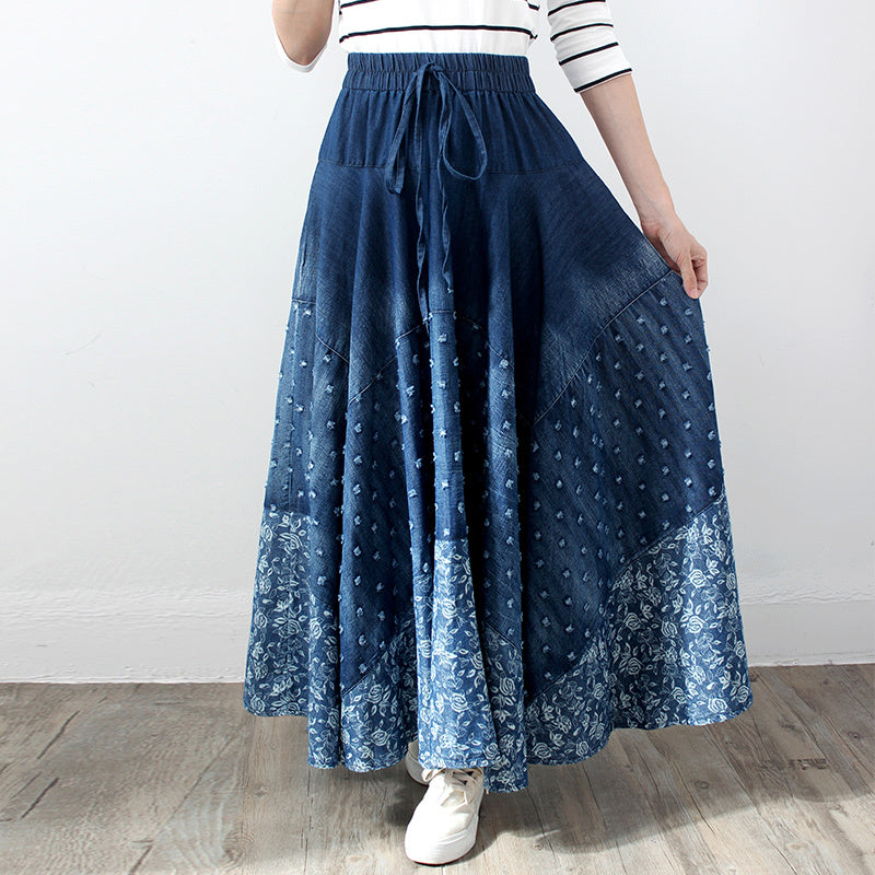 Denim Skirt, Half-length, Large-length Skirt, Printed High-waisted Skirt