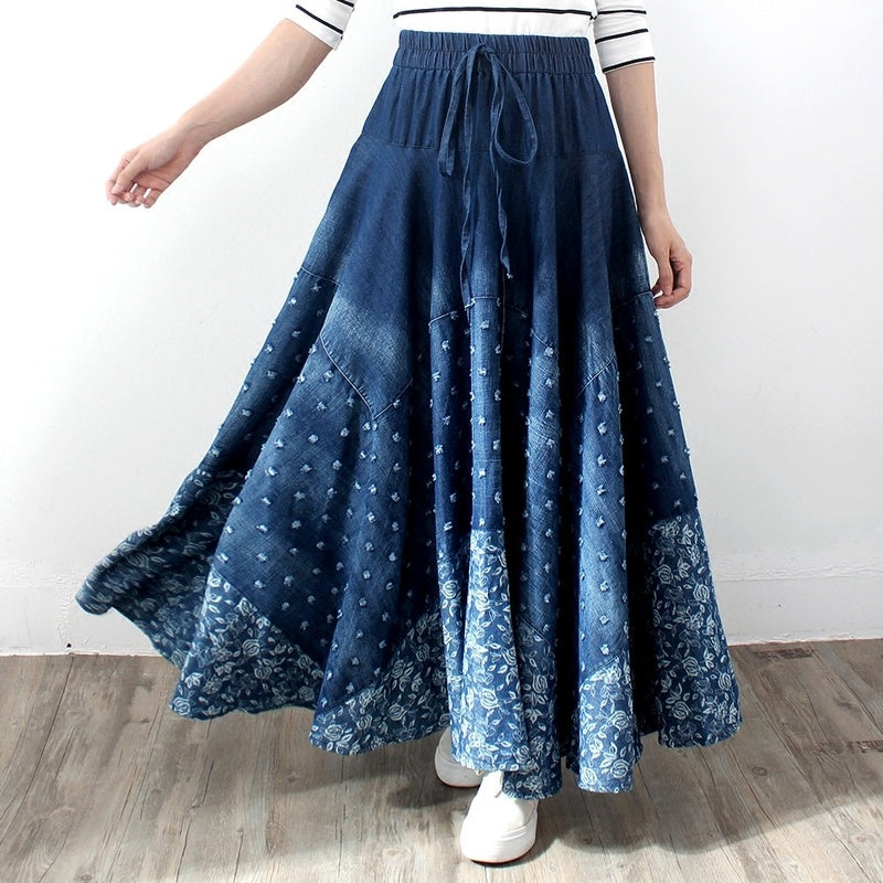 Denim Skirt, Half-length, Large-length Skirt, Printed High-waisted Skirt