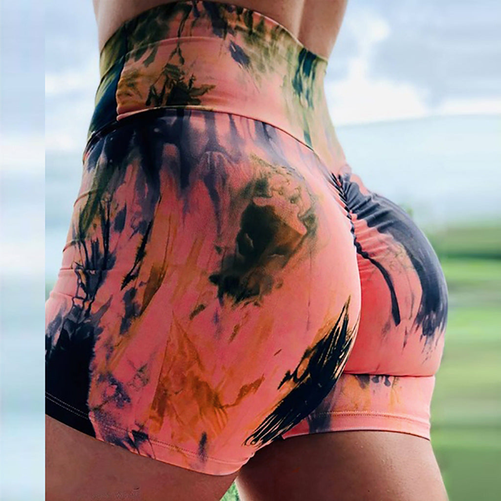 Ladies Tie Dye Printed Shorts Hip-Up Yoga Pants