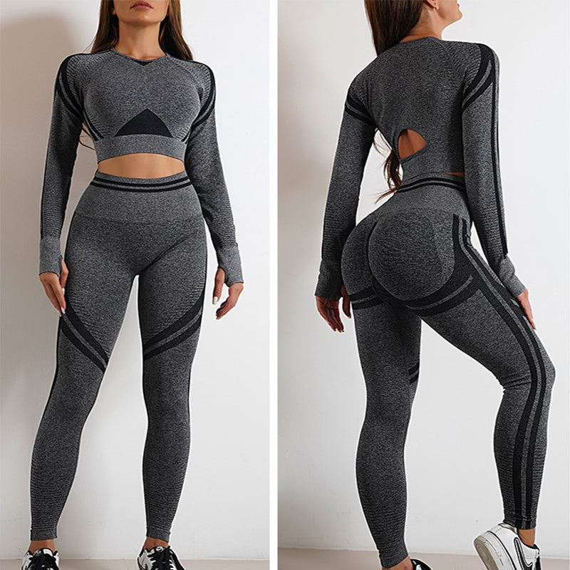 2pcs Seamless Yoga Pants Sports Gym Fitness Leggings And Long Sleeve Tops Outfits Butt Lifting Slim Workout Sportswear Clothing