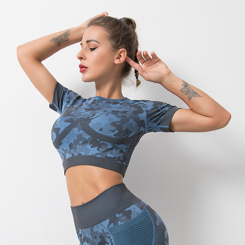 Camouflage Yoga Clothes Mesh Cutout Sports Top